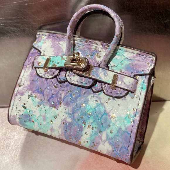 🐍👜 Handmade Genuine Leather Mini Pastel Snakeskin Birkin Textured Tote Bag Charm - Picture 2 of 9
